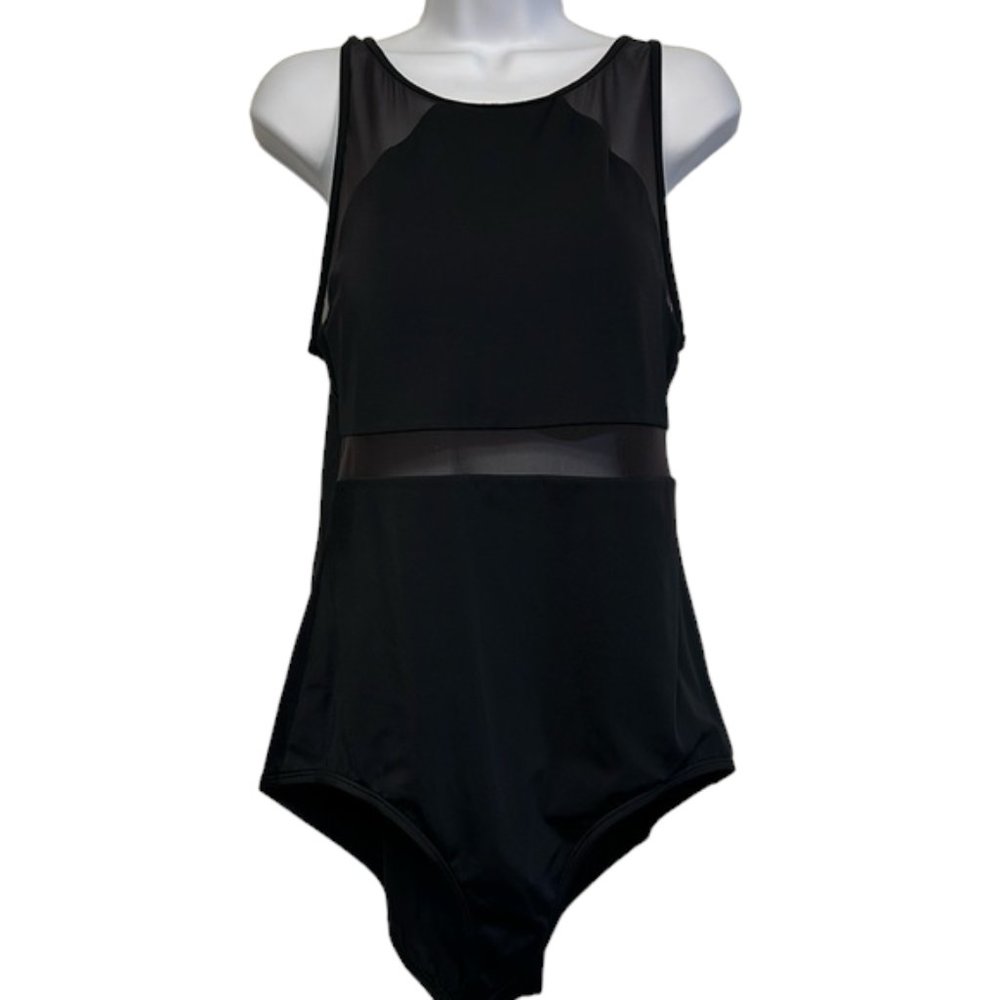 Women's Jantzen Black High Neck Illusion Keyhole Swimsuit Size 12 EUC #S-38